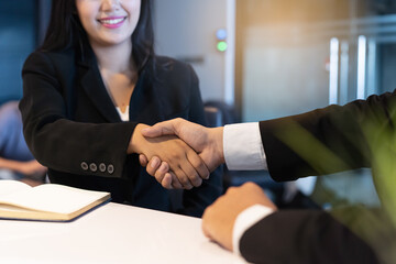 Wall Mural - Two businessmen shaking hands after negotiation deal agree.