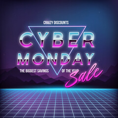 Wall Mural - Cyber Monday Sale banner. Promotional online sale event. Futuristic advertising design. 80s futuristic background. Vector illustration.