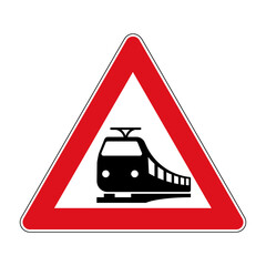 Wall Mural - Railway train level crossing road sign. Vector illustration of warning for railroad crossing without barrier or gate. Red triangle traffic sign with train icon pictogram inside. Symbol used in Germany