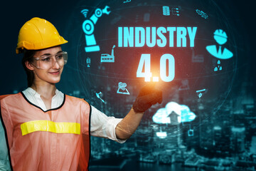 Wall Mural - Engineering technology and industry 4.0 smart factory concept with icon graphic showing automation system by using robots and automated machinery controlled via internet network .