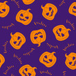 Purple orange seamless halloween pattern with pumpkin