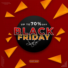 Sticker - Black Friday Sale Poster Design with 70% Discount Offer and 3D Orange Triangle Shapes on Red Halftone Background.