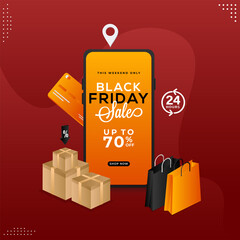 Wall Mural - black friday sale app in smartphone with 70% discount offer, shopping bags, realistic gift boxes and
