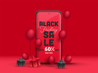 Wall Mural - black friday sale app in smartphone with 60% discount offer, realistic gift boxes and balloons on re