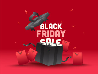 Wall Mural - Black Friday Sale Text with Open Realistic Gift Box and Shopping Bags on Red Background for Advertising.