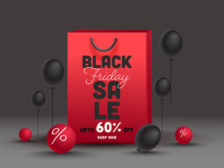 Wall Mural - black friday sale poster design with 60% discount offer, red shopping bag and balloons on dark grey 