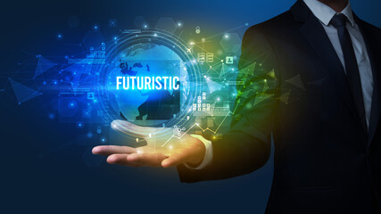 Elegant hand holding FUTURISTIC inscription, digital technology concept