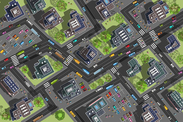 Wall Mural - Vector illustration. City top view. Streets, houses, buildings, roads, crossroads,  trees, cars. (view from above) 