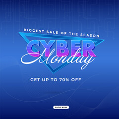 Wall Mural - biggest sale of the season cyber monday poster design with 70% discount offer on blue background.