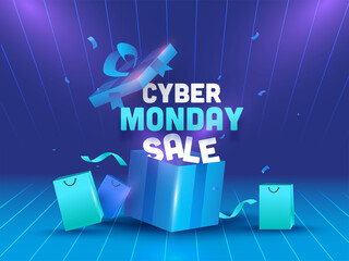 Wall Mural - cyber monday sale text with realistic open gift box, shopping bags and confetti ribbon on glossy gra