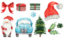 Watercolor Christmas Set Clipart With Blue Pickup, Christmas Tree, Gifts, Santa, Christmas Truck