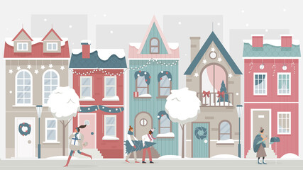 Wall Mural - People walk on festive Christmas city street vector illustration. Cartoon urban cityscape with decorated houses, walking man woman characters, holding Christmas tree, gifts and xmas decor background