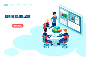 Wall Mural - vector of businesspeople sitting at table working on business analysis and planning.