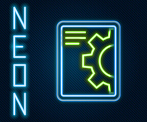 Glowing neon line Software, web development, programming concept icon isolated on black background. Programming language and program code on screen tablet. Colorful outline concept. Vector.