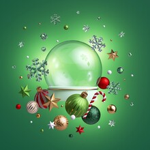 3d Render, Clear Glass Ball Mockup Decorated With Christmas Ornaments, Isolated On Green Background. Empty Space, Poster Mockup. Red Gold Balls, Crystal Stars, Candy Cane, Snowflakes