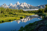 Fototapeta Góry - Schwabacher Landing in the early morning in Grand Teton National Park, with mountain reflections on the water creek