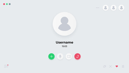 Video call UI. Laptop online conference screen template with dial and interface buttons to accept or cancel connection. Computer communication technology, message application, vector display mockup