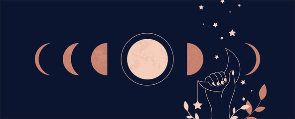 moon aesthetic. boho mystical astrological poster with minimalist abstract astronomical phases. magi