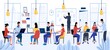 Coworking. Cartoon men and women working together with laptop. Freelance and teamwork in modern open space office in city, people communication and business process. Vector workplace flat illustration