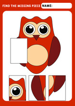 Find The Missing Piece And Complete The Picture. Puzzle Kids Activity. Animals Theme. Funny Little Owl. Activity For Pre School Years Kids. Educational And Logical Game For Kids.  A4 Paper