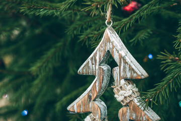 Christmas toys on a green background. Christmas tree branches. Background of the tree texture. The concept of a New year. Christmas, New year. Happy New Year. The concept of nature