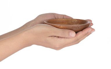 Wall Mural - Hand holding Wooden bowl isolated on a white background