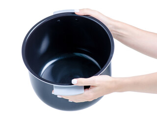 Canvas Print - multicooker bowl pot in hand on white background isolation