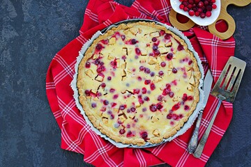 Wall Mural - Dessert, homemade tart or pie with cranberries, apples and tender sour cream or pudding in a baking dish on a dark concrete background.