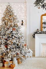 Beautiful festively decorated room with a Christmas tree. Cozy bright living room with stylish modern decor.