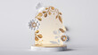 3d render, white festive background with floral arch and empty marble podium. Blank showcase for product presentation decorated with paper flowers and golden leaves