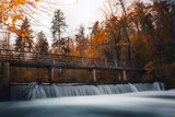 Fototapeta Las - Lonely bridge in autumn forest