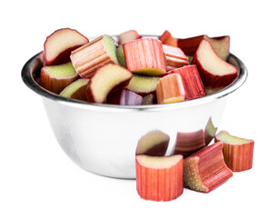 Wall Mural - Freshly chopped Rhubarb isolated on white (close up)