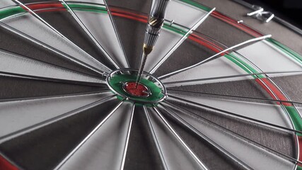 Poster - Clockwise rotating Dart Board with dart in Bullseye.