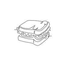 One Single Line Drawing Of Fresh Sandwich Logo Vector Graphic Art Illustration. Hot Dog Fast Food Cafe Menu And Restaurant Badge Concept. Modern Continuous Line Draw Design Street Food Logotype