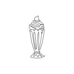 Single continuous line drawing of stylized fresh milkshake drink shop logo label. Emblem restaurant concept. Modern one line draw design vector illustration for cafe, store or food delivery service