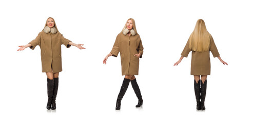 Wall Mural - Blond hair girl in coat isolated on white