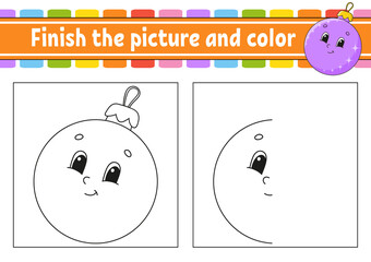 Wall Mural - Finish the picture and color. Christmas theme. Cartoon character isolated on white background. For kids education. Activity worksheet.