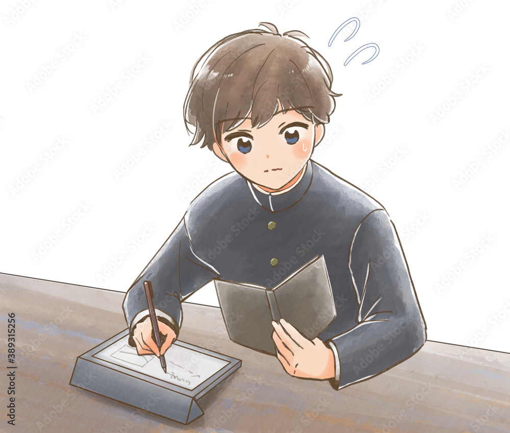 Fototapeta 手描き風 焦りながらタブレットで猛勉強する学ラン男子生徒のイラスト Grafinia Pl Fototapeta 手描き風 焦りながらタブレットで猛勉強する学ラン男子生徒のイラスト Grafinia Pl