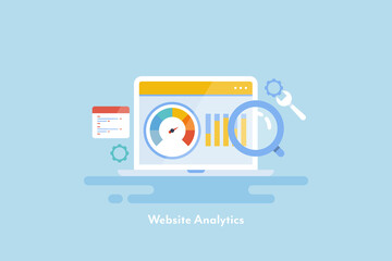 Web analytics, data technology, business information and diagram statistics on laptop screen. Web traffic, Marketing web banner template.