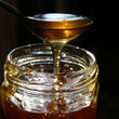 Honey drips from a spoon. Honey on a dark background. Beautiful backlighting