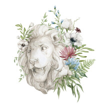 Watercolor Composition With Lion Bust And Flower Bouquet. Animal Sculpture And Foliage. Lion Head And Leaves. Ancient Statue In The Garden.