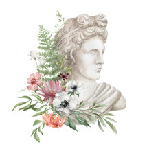 Watercolor Composition With Apollo Bust And Flower Bouquet. Antique Sculpture And Foliage. Apollon Head And Leaves. Ancient Statue In The Garden.