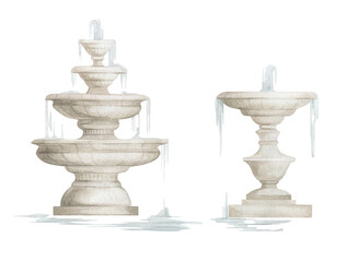 Watercolor antique fountain, architecture garden element, ancient sculpture. Baroque fountain in the park. 