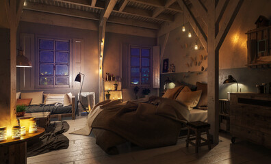 Wall Mural - Truss Loft with Pallet Furniture by Night - 3d visualization