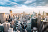 Fototapeta  - Panoramic shot of the New York city skyline on a beautiful sunny day during golden hour