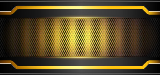 Wall Mural - Black abstract background with carbon fiber texture and golden light on centre 