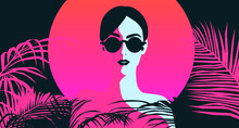 Beautiful Brunette Woman With Short Haircut Wearing Sunglasses In Tropical Forest. Stylish Original Graphic Portrait. Fashion Illustration In Minimal Art Style.