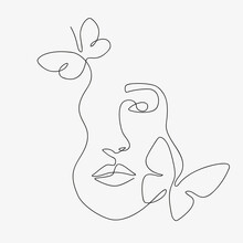 Woman Head With Butterfly Composition. Hand-drawn Vector Line-art Illustration. One Line Style Drawing.