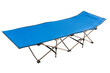 blue new cot for camping or travel, on white background