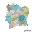 Ivory Coast higt detailed map with subdivisions. Administrative map of Ivory Coast with districts and cities name, colored by states and administrative districts. Vector illustration 